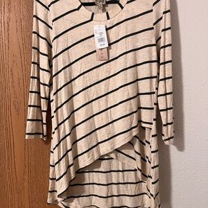 COMO Vintage Striped Tulip Hem Tunic Top - Oatmeal/Charcoal - Size S - NWT